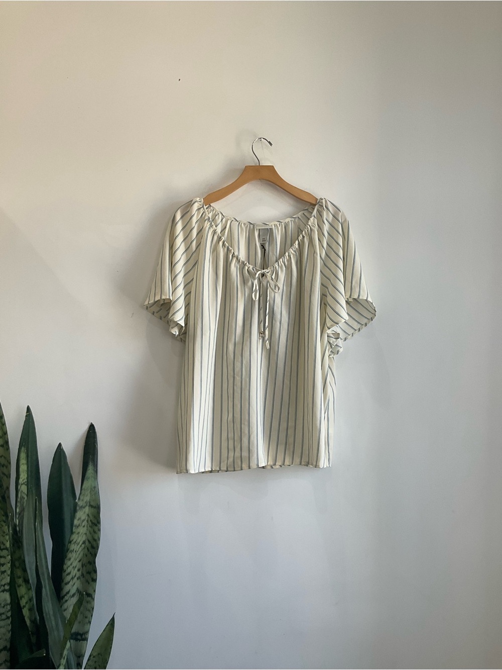 Ava & Viv Cream Blouse with Green Stripes and Tie Neck